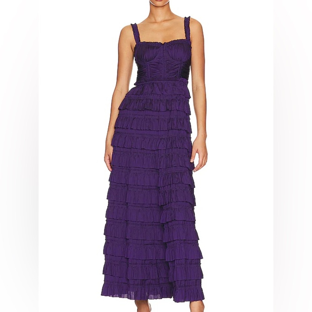 Ulla Johnson Camille tiered ruffle satin maxi dress black tie wedding guest